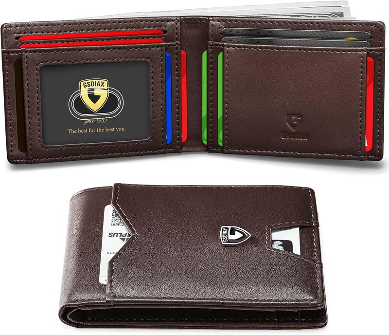 GSOIAX Mens Slim Wallet for Men Minimalist Genuine Leather Carbon Fiber Rfid Blocking Bifold Credit Card Holder With Gift Box (Leather Coffee) - Image 1